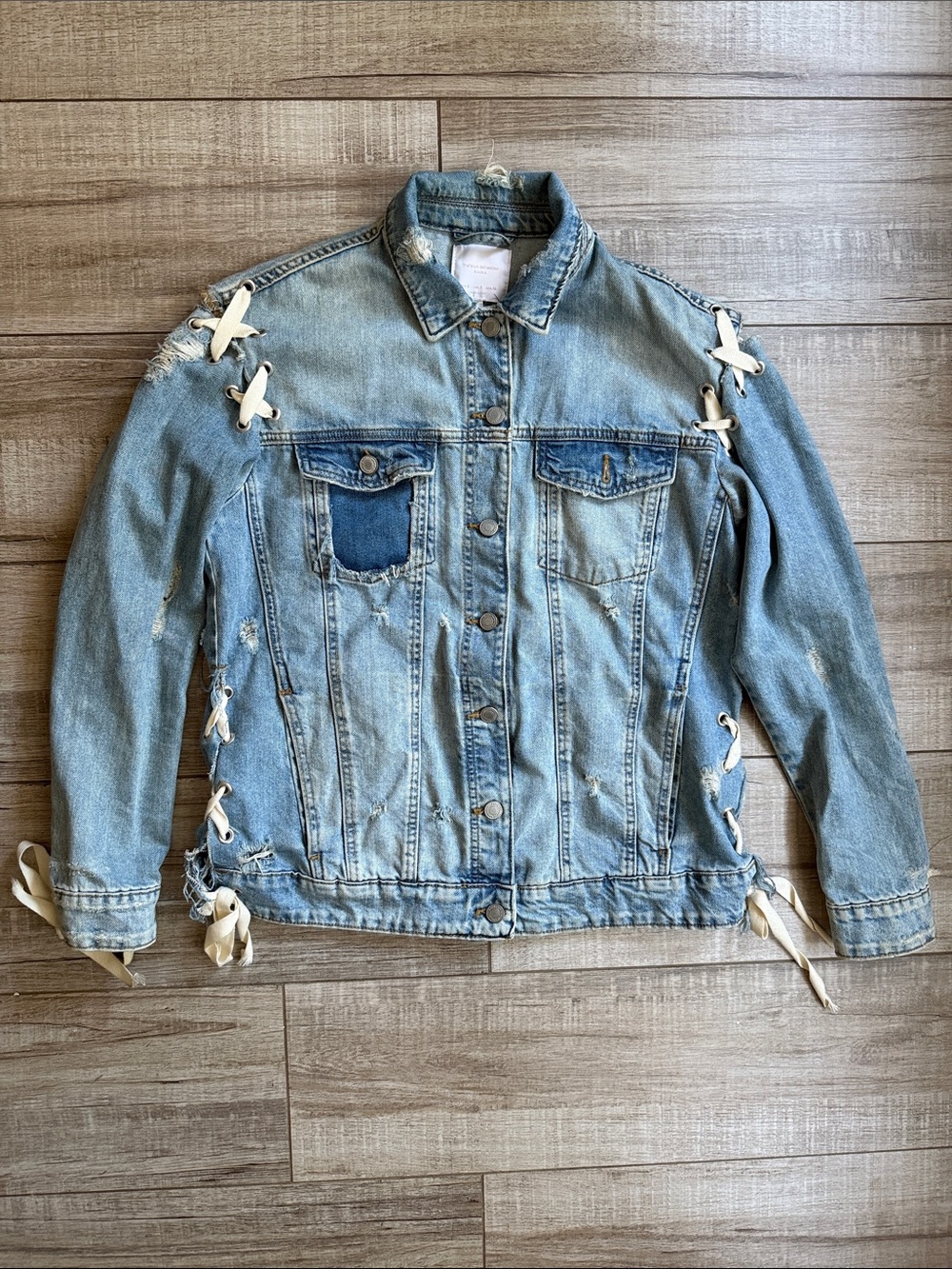 Zara Reworked Custom Lace Up Distressed Denim Jacket Light Wash Grommet S